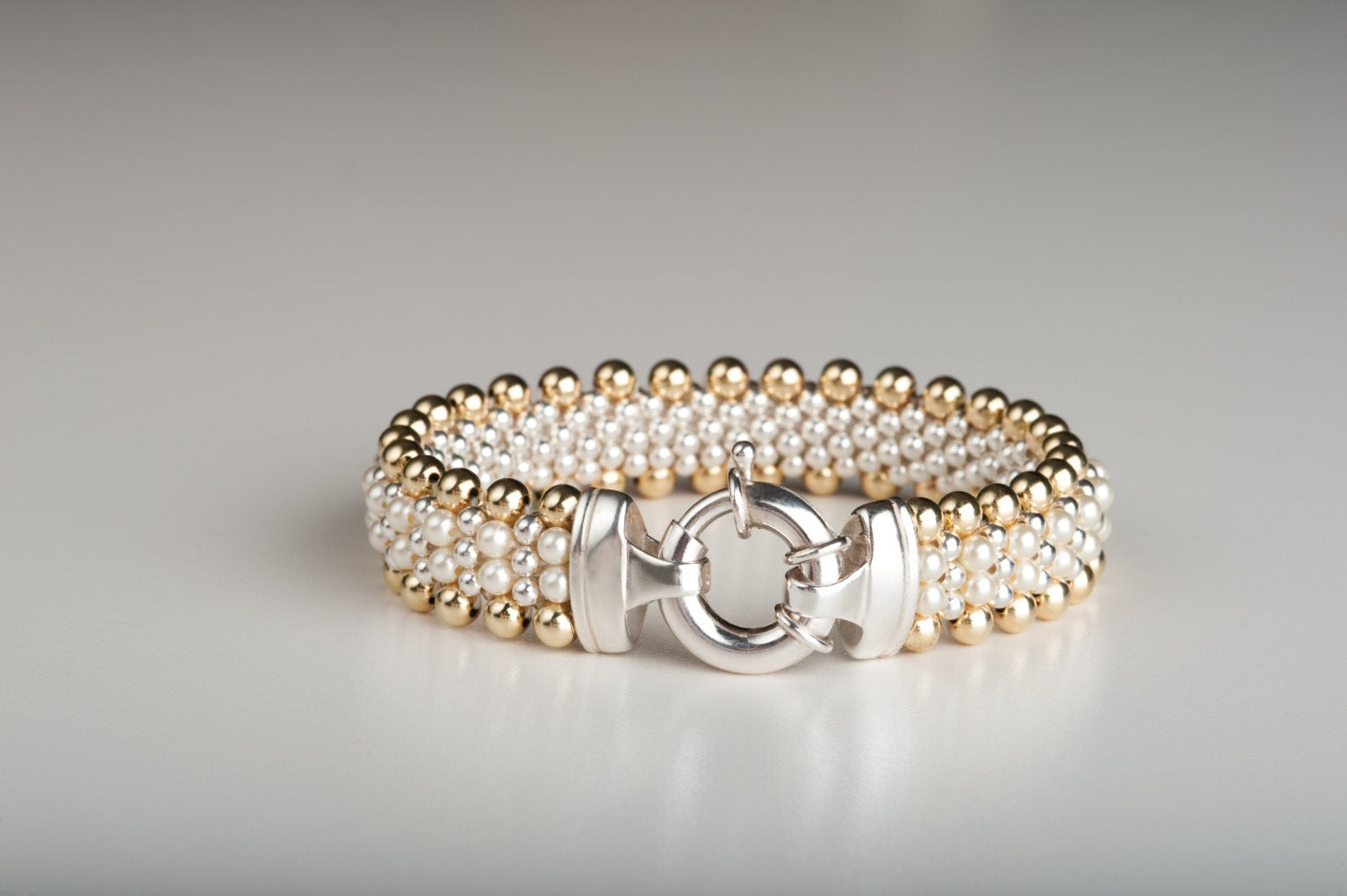 Golden Pearl - Pearl Crystal, Sterling Silver and 14k Gold, Reversible Bracelet