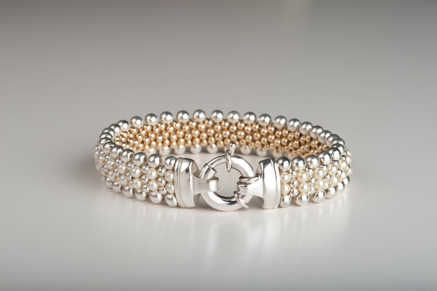 Silver Pearl -  High Quality Pearl Crystals, Sterling Silver and 14k Gold Reversible Bracelet