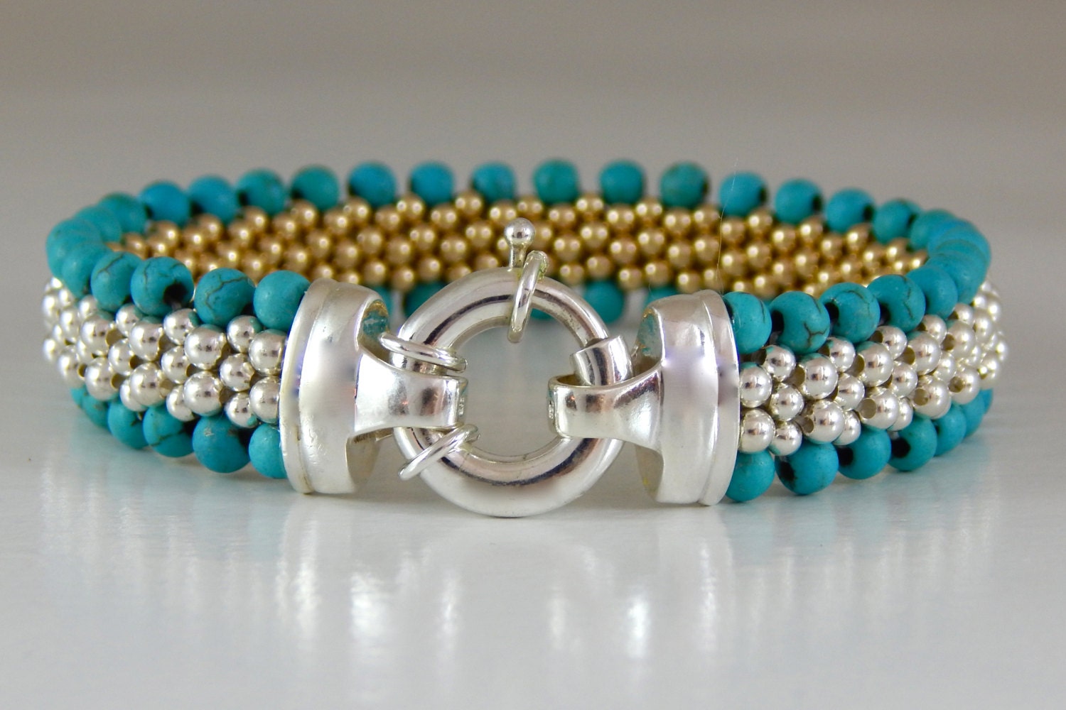 Grand Turquoise  - Turquoise, Sterling Silver, 14K Gold Beaded Reversible Bracelet