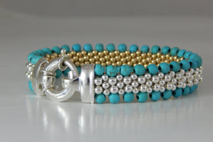 Grand Turquoise  - Turquoise, Sterling Silver, 14K Gold Beaded Reversible Bracelet